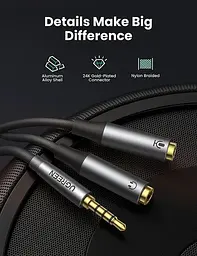 Спліттер UGREEN перехідник-розгалужувач 3.5mm AM to 3.5mm 2 AF з нейлоновою оплеткою 20СМ Metal Black (AV192) - мініатюра 6