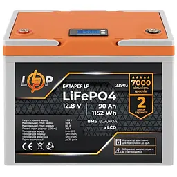 Акумулятор LP LiFePO4 12,8V - 90 Ah (1152Wh) (BMS 80A/40А) пластик LCD для ДБЖ
