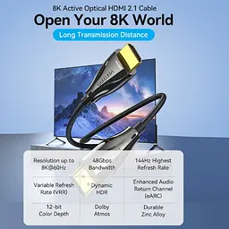 Кабель HDMI M - M, 15.0 м, V2.1, Optical 8K 60Гц 48Gbps Dolby 7.1 TPE Black Zinc Alloy Vention - мініатюра 5