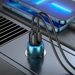 Автомобільний зарядний адаптер Hoco Z48 Tough dual port car charger + C to L кабель синій - мініатюра 6