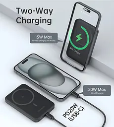 УМБ Choetech Magnetic Wireless 5000mAh 20W PD Qi-15W USB-C In/Out, тонкий, Black - мініатюра 7