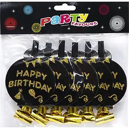 Набір карнавальних фольгованих свистків з кругом Happy Birthday, 6 шт., 1698-9