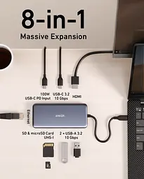 Перехідник Anker PowerExpand 8-in-1 - PD in 100 W/HDMI/2 xUSB-A/USB-C 10 Gbps/LAN/SD Black (7255316) - мініатюра 4