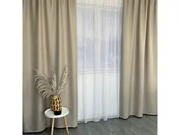 Льняні блекаут штори бежевого кольору 2шт. 150х270 з білим шифоновим тюлем 400х270, на тасьмі ALBO pbe0052616 - мініатюра 5