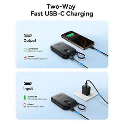 УМБ Joyroom 10000mAh 22,5W PD,QC, USB-A, USB-C In/Out with built-in USB-C cable Black - мініатюра 5