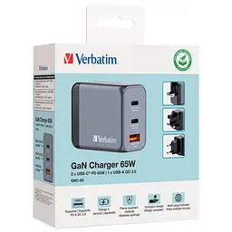 Зарядний пристрій Verbatim GaN 65 W 3 ports (2xUSB-C-65 W /USB-A -3.0) (32201) - мініатюра 3