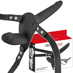 Подвійний страпон Fetish Tentation Strap-On With Double Dildo 15 см чорний - мініатюра 3