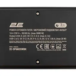 Мережевий фільтр-подовжувач 2E SP-6M-3SW-BK 3 м, 6xТип F, 16 А, 2xUSB-A, 1x USB-C - мініатюра 6