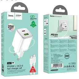 МЗП Hoco N41 Almighty PD20W+QC3.0 (1USB-A/1C) + кабель Type-C to Type-C White - мініатюра 5