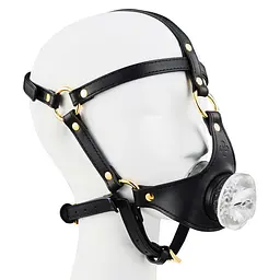 Маска-збруя для мінету LOCKINK SEVANDA Blowjob Head Harness, чорна, з м’якою вставкою у вигляді губ - мініатюра 3