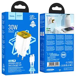 МЗП N53 Monsoon PD30W+QC3.0 (1USB-A/1C) + кабель Type-C to Lightning White Hoco teh0029644 - мініатюра 4