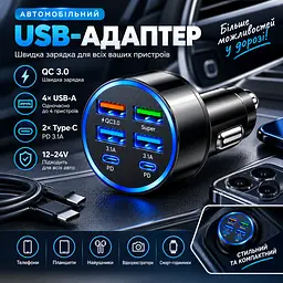 Автомобільний зарядний пристрій 6-в-1 PowerHub 100Вт (4USB + 2PD) - мініатюра 9