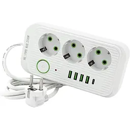 Сетевой фильтр-удлинитель Voltronic FU09W, 3 розетки EU + 4USB + 1PD, 2 м, 3х0,75мм, 2500W, White