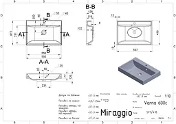 Умивальник Miraggio VARNA 600 (0000254) Miramarble, Глянцевий, Накладний/Врізний, Білий - мініатюра 2