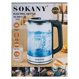 Електрочайник скляний SOKANY SK-09013 дисковий 2,5 л, сталь Sokany SK-09013 - мініатюра 7