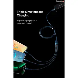 Кабель Baseus Flash Series Ⅱ 3-in-1 Cable USB to MicroUSB+Lightning+Type-C 100W 1.2m CASS030003 Blue - мініатюра 8