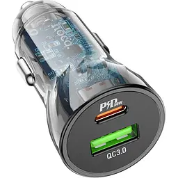Автомобільний зарядний пристрій Hoco Z47A Transparent Discovery PD30W + QC3.0 Black [110004] - мініатюра 2