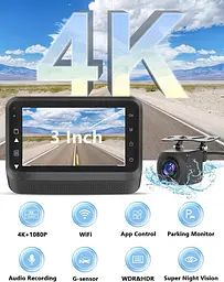Автомобільний відеореєстратор CHORTAU 4K+1080P з Wi-Fi, 3-дюймовим IPS-дисплеєм, додатком та безкоштовною карткою пам'яті на 64 ГБ - мініатюра 2