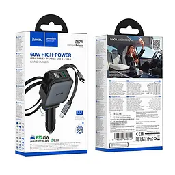 Адаптер автомобільний HOCO Z67A Triunfar car charger with dual Type-C/iP cable 1C/1A, 60W/3A, PD/QC - мініатюра 2