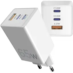 Мережевий зарядний пристрій Sigma mobile X-power 65W GaN, PD, QC (2xUSB-C + 1xUSB-A) White (PS65-01)