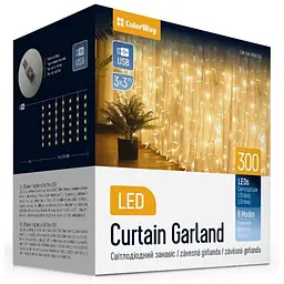 Гірлянда ColorWay Штора завіса 3 x 3 м 300 LED USB теплий колір (CW-GW-300L33U)