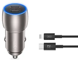 Автомобільний зарядний пристрій XO CC51 Metal double USB-C QC&PD3.0 40W 3A with Lightning-Type-C cable Tarnish