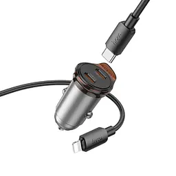 Автомобільний зарядний пристрій Hoco NZ16B 2 Type-C PD 45W metal grey + кабель Type-C to Lightning - мініатюра 4