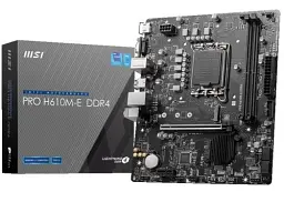 Мат.плата LGA1700, MSI PRO H610M-E DDR4, H610, 2xDDR4, Int.Video(CPU), 4xSATA3, 1xM.2, 1xPCI-E 16x 4.0, 1xPCI-E 1x 3.0, ALC897, RTL8111H, 4xUSB3.2/8xUSB2.0, VGA/HDMI, MicroATX