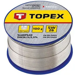 Припій для пайки Topex олов'яний 60%Sn, дрiт 0.7 мм,100 г (44E512)