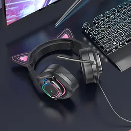 Навушники накладні Hoco W107 ігрові з вушками та LED підсвічуванням Jack 3.5 phantom cat - мініатюра 2