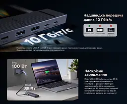 Док-станція USB-C UGREEN Revodok Pro CM818 6 в 1 2 USB-A та 2 USB-C сірий (75775) - мініатюра 3