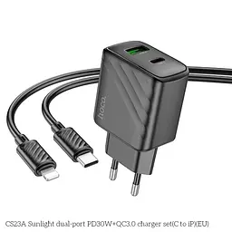 Мережевий зарядний пристрій Hoco CS23A Sunlight dual port PD30W+QC3.0 charger(EU) чорний - мініатюра 2