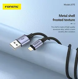 Кабель Foneng X95 Metal Head Braided Cable (3A) USB - Lightning (M/M), 1.2 м, Чорний (X95-CA-IP) - мініатюра 2
