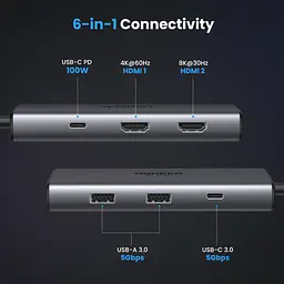 Док-станція USB3.1 Type-C --> HDMIx2 4K60Hz (8k30Hz)/USB 3.0x2/Type-C/PD 100W CM498 6 in 1 Ugr - мініатюра 5