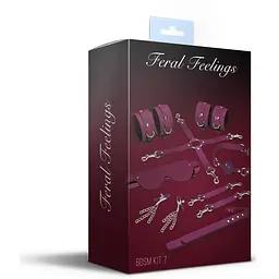 Набір Feral Feelings BDSM Kit 7 Burgundy, наручники, поножі, конектор, маска, падл, кляп, затискачі - мініатюра 2