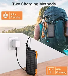 Універсальна мобільна батарея Choetech 10000mAh 2xUSB-A,1xUSB-C,solar panel, Qi-5W Чорний-Помаранчевий - мініатюра 5