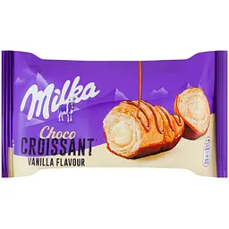 Круасан Milka з начинкою зі смаком ванілі, знизу глазурований молочним шоколадом та згори декорований молочним шоколадом, 50г