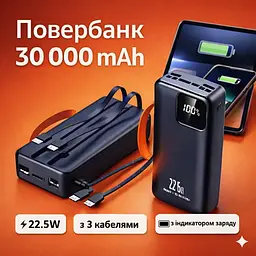 Павербанк Sunix PB-60 Black 30000 mAh 22.5W зовнішній акумулятор Power Bank з дисплеєм та вбудованими кабелями Чорний - мініатюра 2