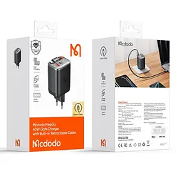 Мережевий зарядний пристрій McDodo 40W 1C+1A Digital Display GaN Charger Built-in 65cm retractable USB-C Cable(EU) Чорний - мініатюра 2