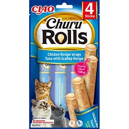 Ласощі для котів INABA Churu Rolls палички курка, тунець та морський гребінець 4 шт по 10 г