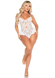 Боді з відкритою спиною та рюшами на стегнах Leg Avenue Lace Floral Lace Halter Teddy One Size, White - мініатюра 5