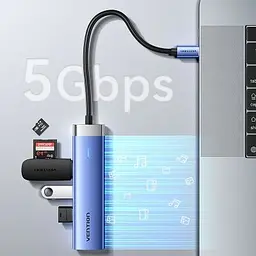 Концентратор Vention USB 3.1 Type-C to HDMI/USB 3.0x3/PD 100W Blue Aluminum Alloy Hub 5-in-1 (TGESB) - мініатюра 6