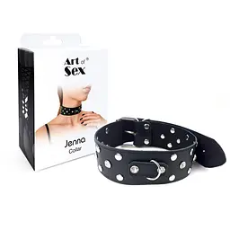 Нашийник з натуральної шкіри із заклепками та стразами Art of Sex - Jenna Collar, Чорний - мініатюра 3