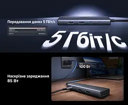 Док-станція USB-C UGREEN Revodok Pro CM498A 9-в-1 2 HDMI до 4K 60 Гц на двох моніторах потрібен USB-C з DisplayPort і достатньою пропускною здатністю Windows різні зображення macOS лише однакові 2 USB-C та 1 USB-A до 5 Гбіт/с і 1 USB-A до 480 Мбіт/с вхід USB-C PD 3.0 до 100 Вт наскрізне заряджання ноутбука до 85 Вт потрібні окремі блок живлення й кабель до входу PD SD/microSD до 170 МБ/с вбудований кабель близько 40 см сіро-чорна (85774) - мініатюра 12