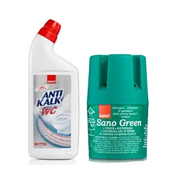 Засіб для чищення унітазів Sano Anti Kalk WC 750 мл & Sano Бачок для миття унітазу Green 150 г (287621, 935833)