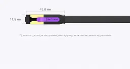 Плоский патч-кабель Ethernet Cat.7 Vention Довжина 0,5 м Штекери RJ45 8P8C на обох кінцях Передавання даних до 10 Гбіт/с Для швидкості 10 Гбіт/с обидва кінцеві порти мають її підтримувати Профіль кабелю 2,5 × 8,2 мм для прокладання у вузьких місцях Екранування алюмінієвою фольгою Чорний із золотистими та фіолетовими акцентами (ICABD) - мініатюра 5