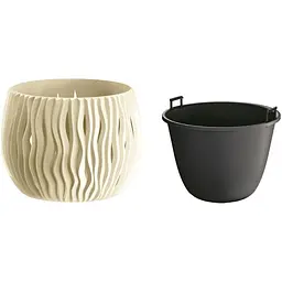 Горщик для квiтiв Prosperplast Sandy Bowl круглий з вкладишем, 180 мм, крем (22981-728) - мініатюра 2