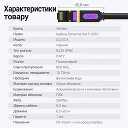 Мережевий патч-корд Ethernet Vention 3 м штекери RJ45 8P8C на обох кінцях Cat.7 до 10 Гбіт/с 600 МГц лише за підтримки цієї швидкості портами обох пристроїв у комплекті 2 прозорі пилозахисні ковпачки RJ45 екранування алюмінієвою фольгою та металевим обплетенням чорний із золотистими та фіолетовими акцентами (ICDBI) - мініатюра 5