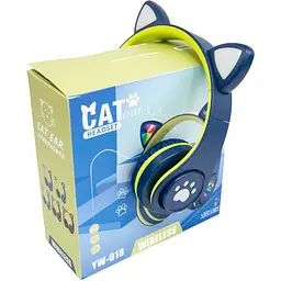 Навушники дитячі бездротові накладні з вушками сині Bluetooth блютуз гарнітура з підсвічуванням CAT EAR YW-018