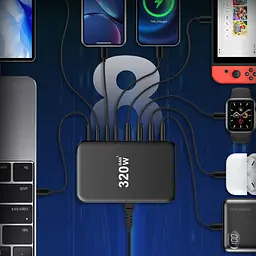 Зарядна станція ILEPO 320W багатопортова на 4 USB + 4 Type-C / мережевий мультизарядний пристрій Black (19026) - мініатюра 8